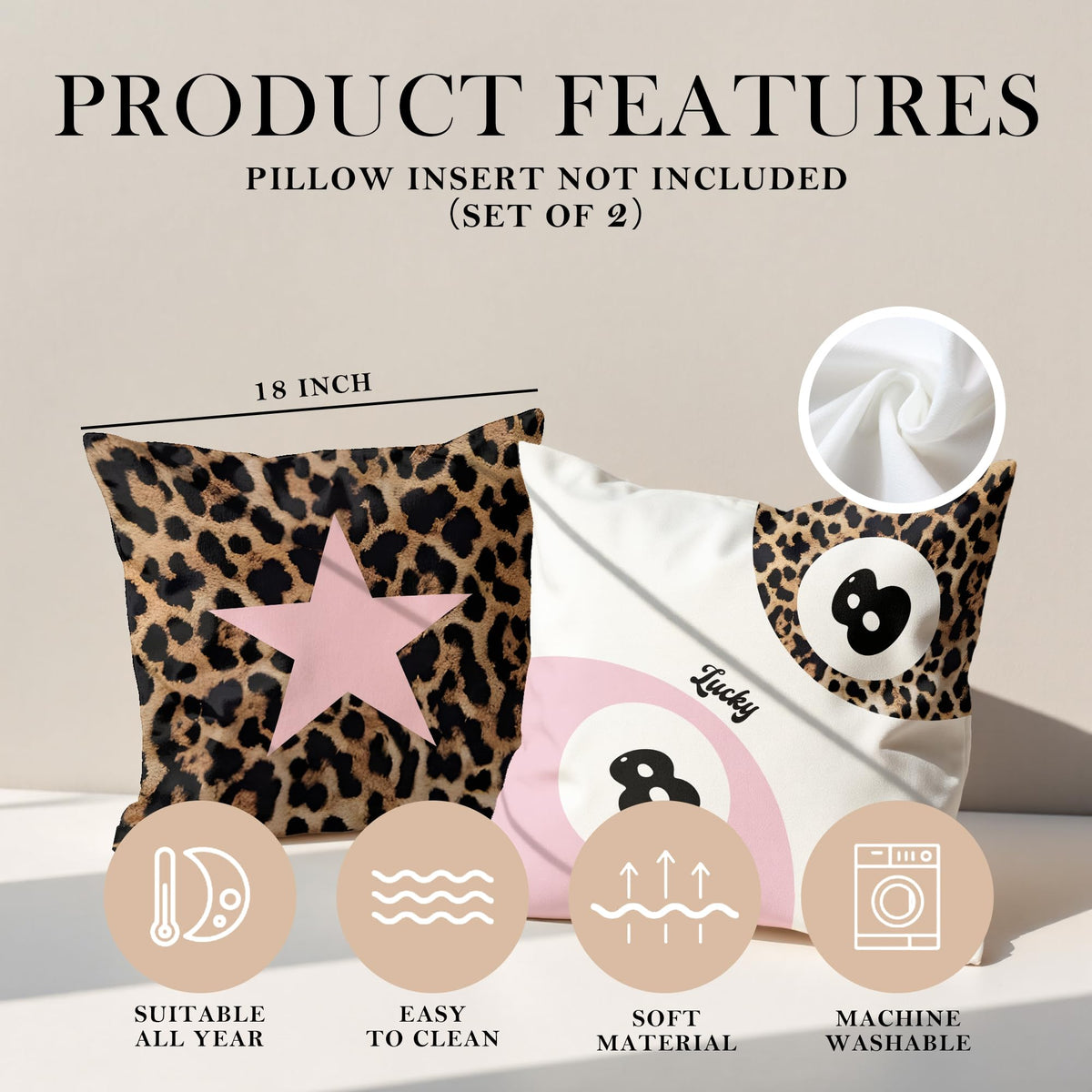 GTYNU Trendy Funky Cheetah Pink Y2K Luck 8 Ball Pillow Covers 18x18 Set of 2,Cheetah Leopard Lover Gifts for Women,Coquette Preppy Pillow Covers for Girls Room Dorm Apartment Decor