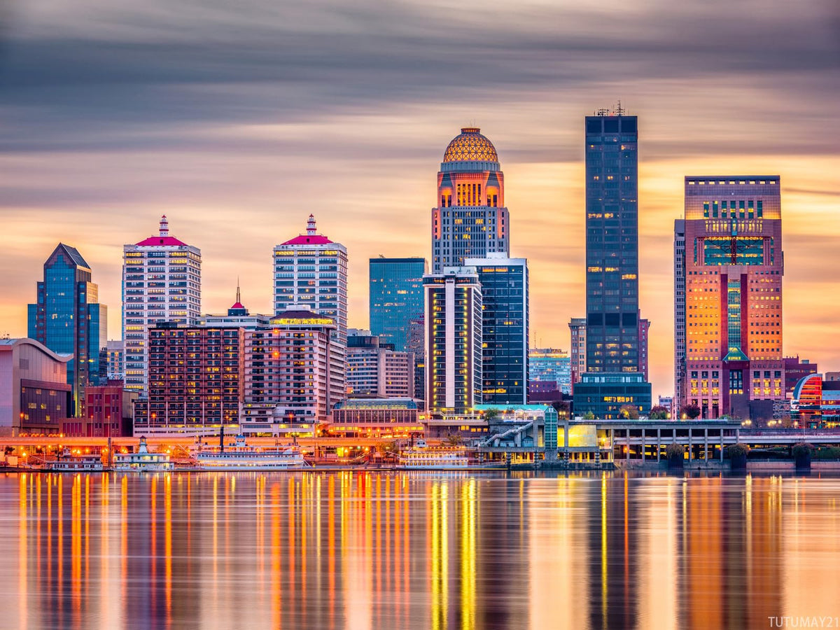 Full Drill Louisville Skyline Sunset Modern Architecture Kentucky USA DIY 5D Diamond Painting by Number Unique Kits Home Wall Decor Crystal Rhinestone Wall Decor 12x16inch