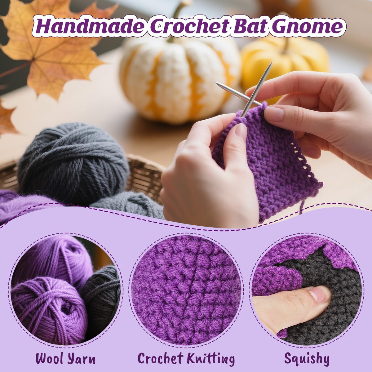 Weming Halloween Treats Non Candy, Crochet Purple Bat Gnome with Greetings, Halloween Toy Gifts, Goodie Bag Stuffers in Treat Bag & Boo Basket
