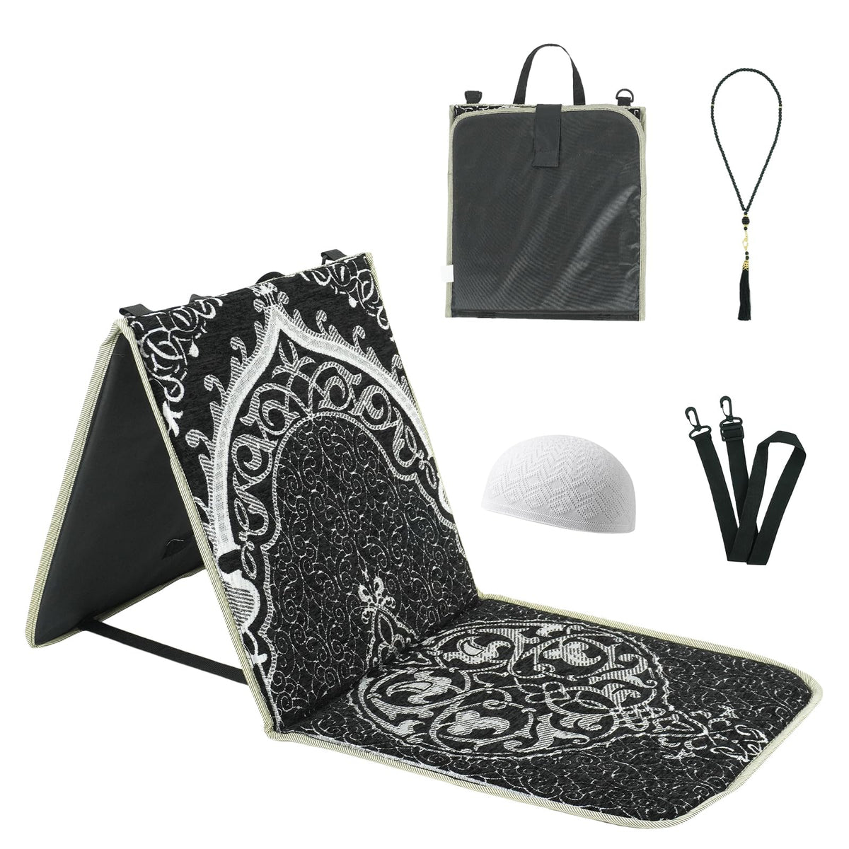 Qianliniuinc Portable Prayer Mat, Foldable Prayer Rug with Backrest, 36x78cm Islamic Prayer Mat, Includes Kufi Hat & 99 Beads Tasbih, Meditation Rug for Muslim, Ramadan Gift Set (Black)