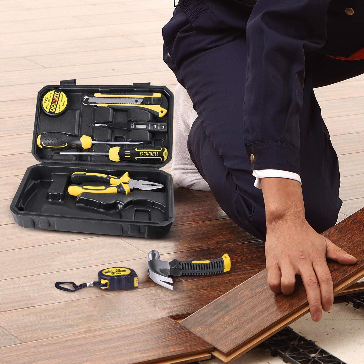 DOWELL Small Mini Tool Set School College Student Kids Dorm Tool Set Kit Home Repair Hand Tools with Tool Box Storage Case Upgraded HYT9