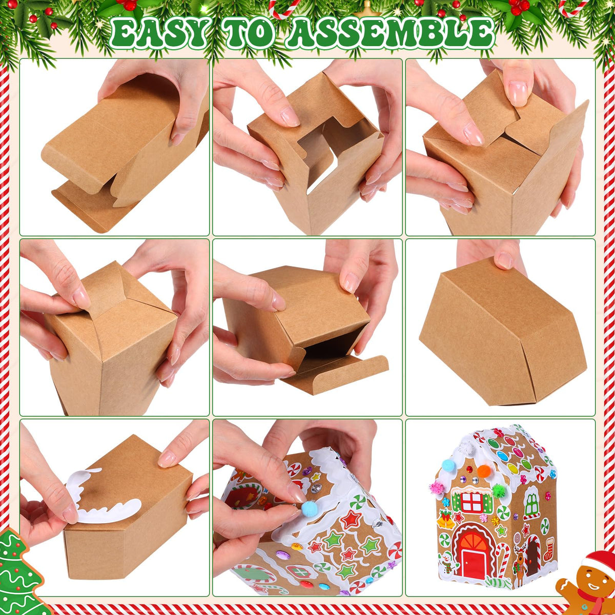 Dianelhall 24 Sets Christmas Gingerbread House Cardboard DIY Gingerbread House Craft Kits with Pom Poms Stickers for Christmas Holiday Party Favors Supplies Decorations Xmas Home Game Activities