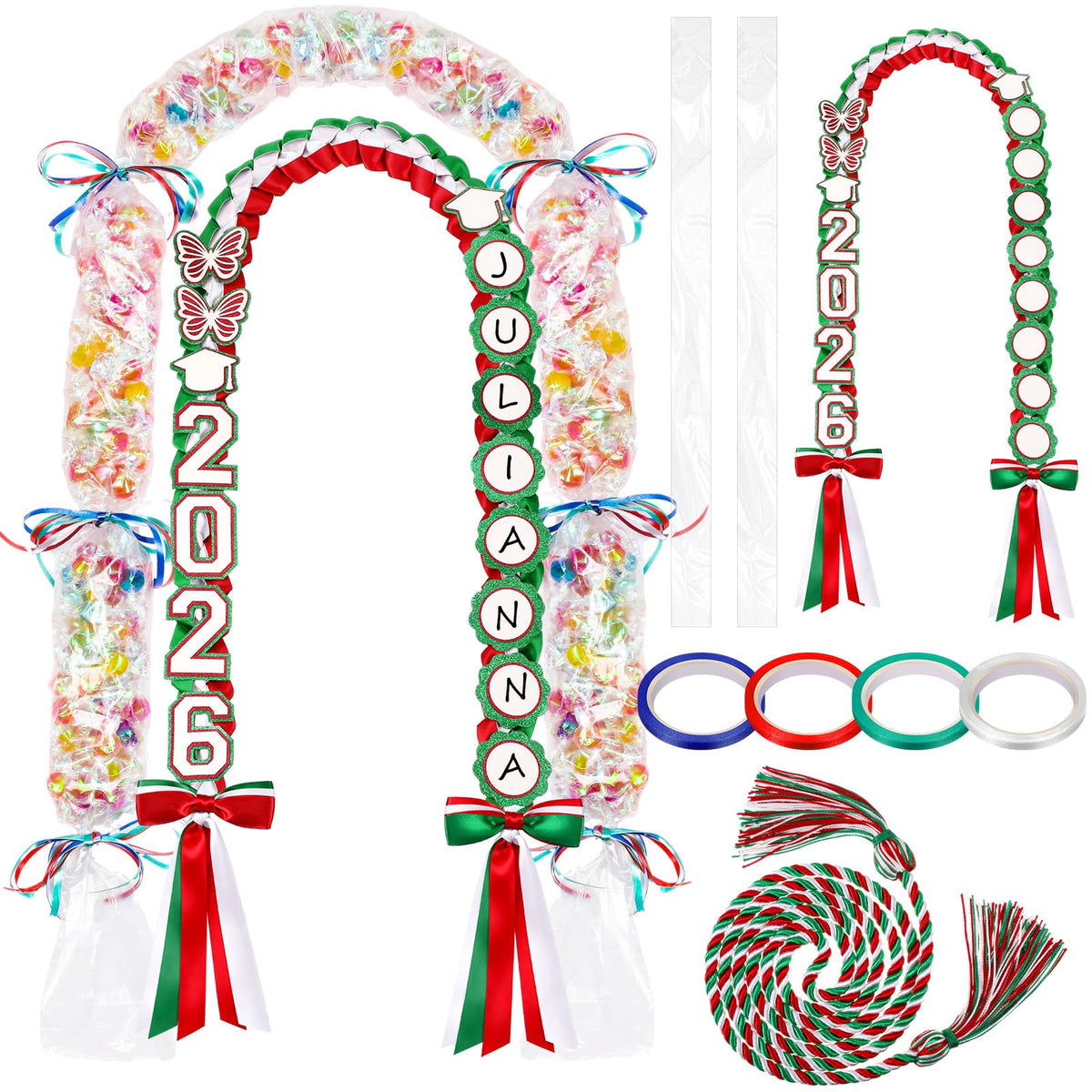 Lyrow Class of 2026 Mexican Graduation Leis Kit, Candy Leis for Graduation 2026 Green and Red Mexican Ribbon Double Lei Necklace Party Accessories