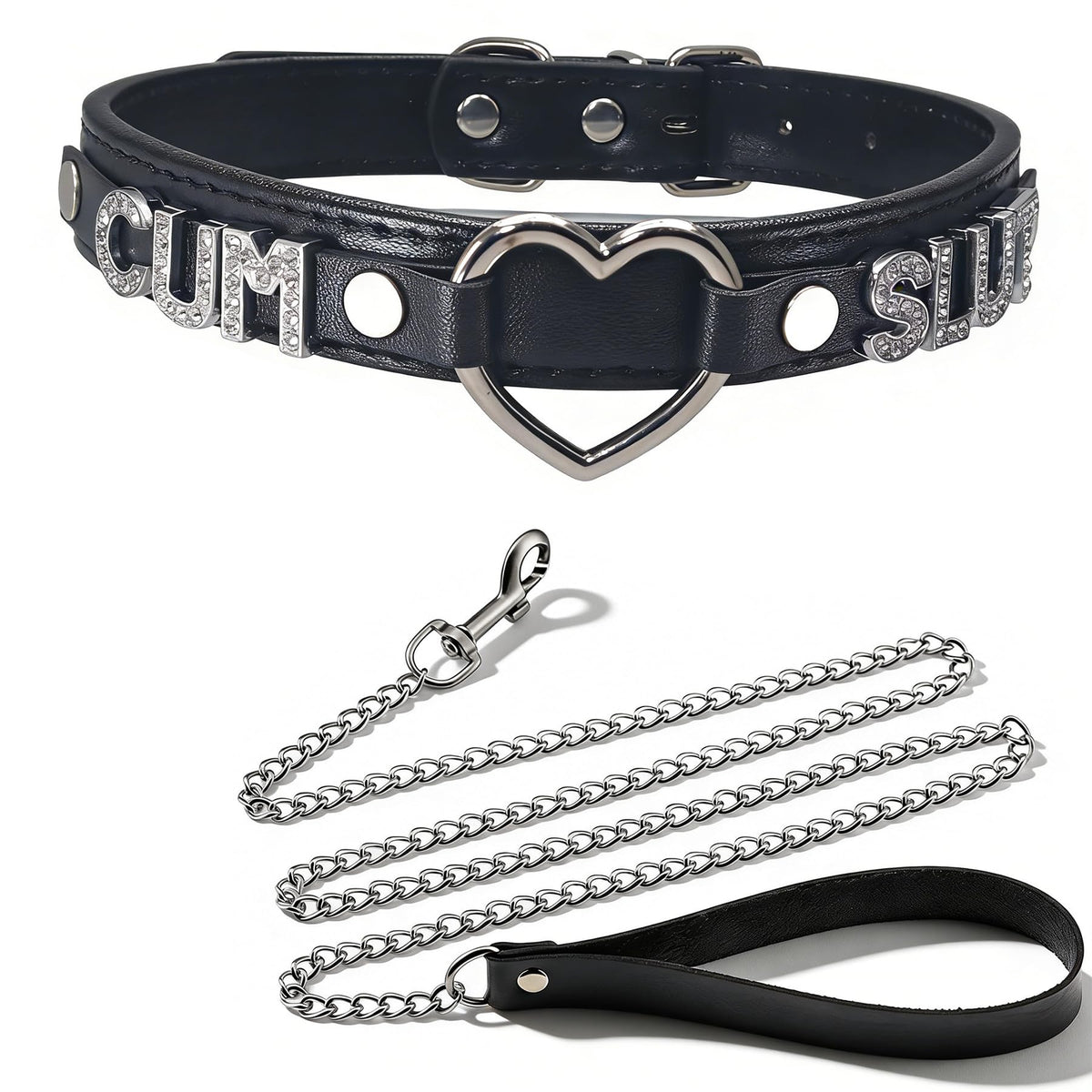 FAYERXL Black Choker Necklace Collar and Leash Set for Women,Gothic Punk Rave Cosplay Festival Leather Collar with Heart and Letter Naughty Jewelry (CU SL)