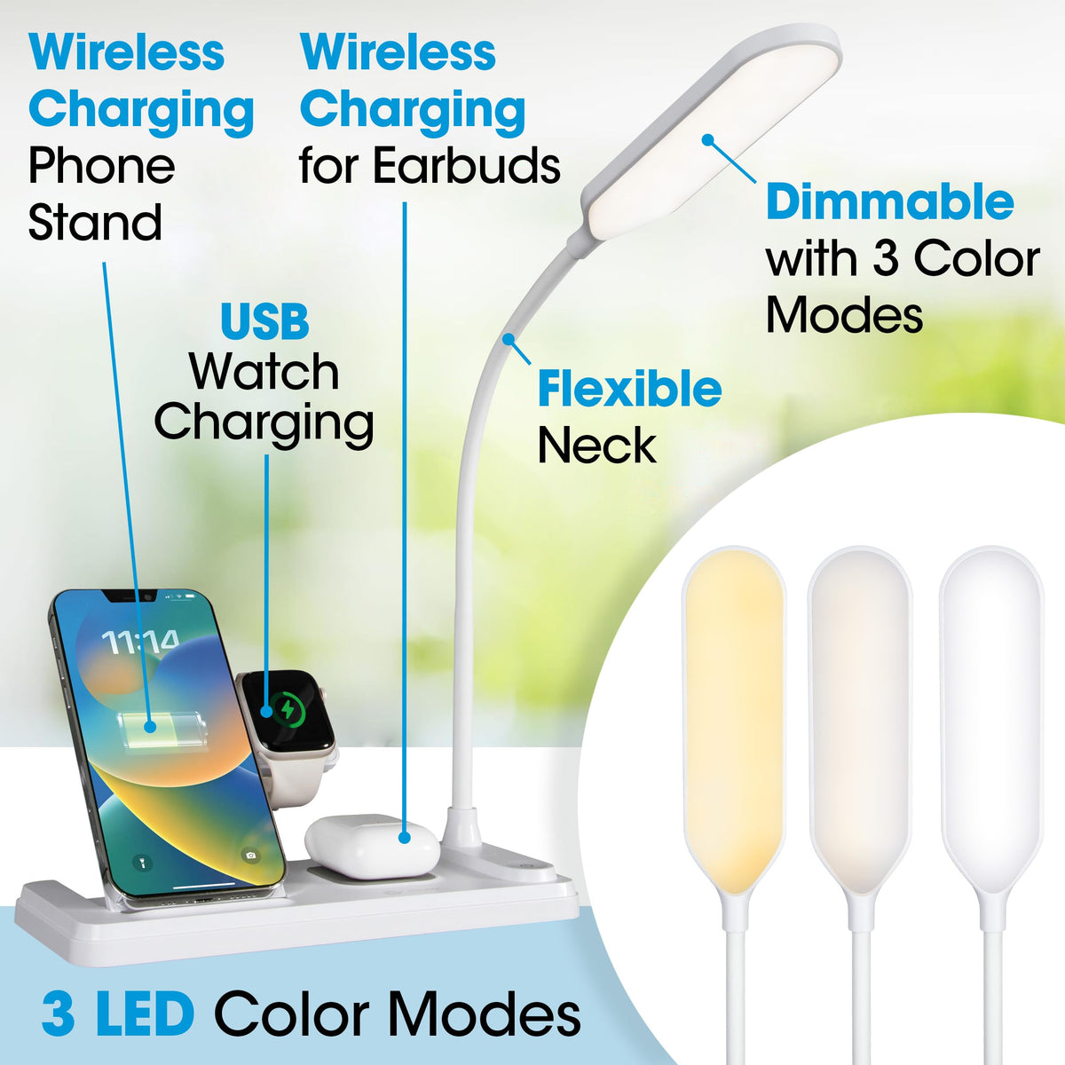 Ottlite LED Desk Lamp with Multi-Device Charging Station, White