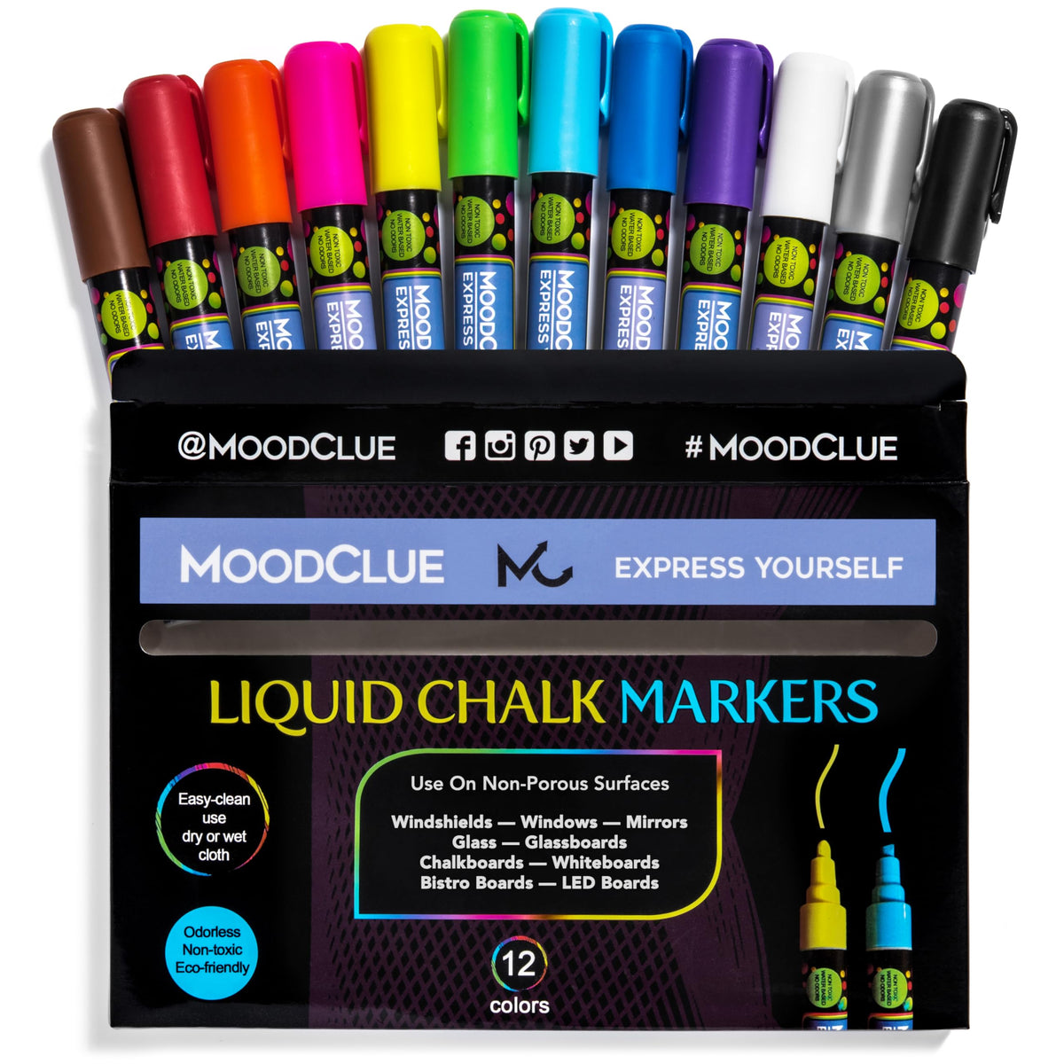 MoodClue Liquid chalk markers 12 neon erasable Whiteboards, glass boards, chalkboards, windows, mirrors, car windshields, auto, glass. Odorless, non-toxic. Wet or dry erase. Thick and thin tip
