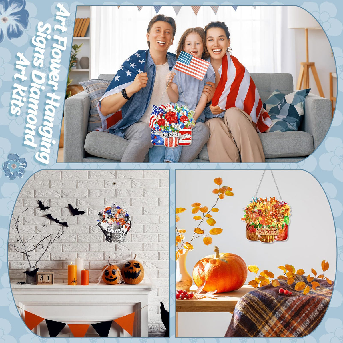 Chitidr 6 Pcs Seasonal Diamond Art Kits Diamond Art Flower Hanging Signs Diamond Art Kits for Adults Diamond Art Ornaments Winter Christmas Diamond Kits for Summer Fall Wall Door Decoration