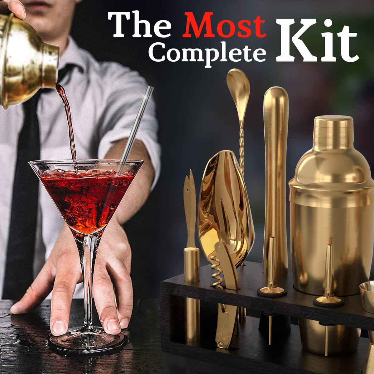 Highball & Chaser Bartender Kit with Espresso Bamboo Stand. Beautiful Cobbler Cocktail Shaker Set with Bar Tools Rustproof Stainless Steel Bar Set (Matte Gold)