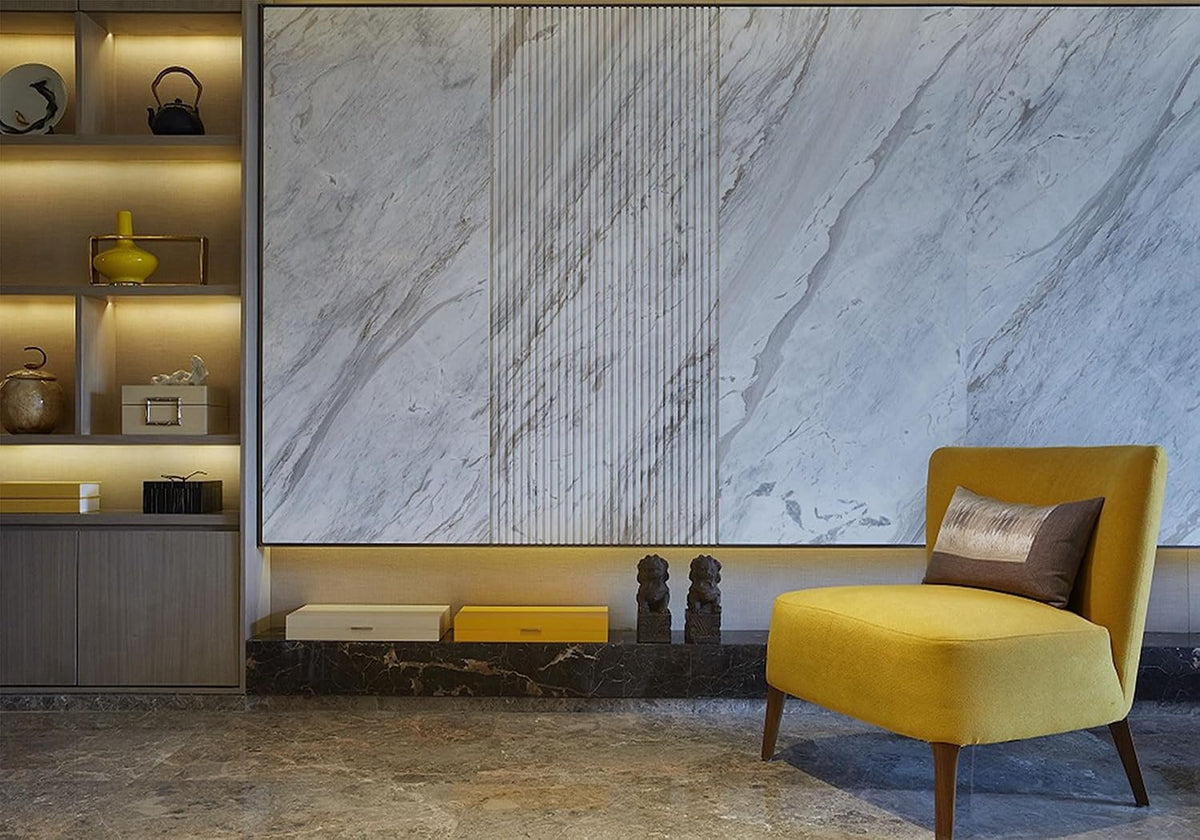 SHDASMIL 6X4ft Luxury Marble Wall Interior Backdrop Yellow Accent Chair Elegant Shelf Background Modern Asian Style