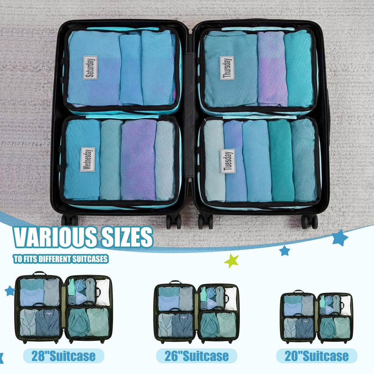 Bulyoou 7 Pcs Packing Cubes for Travel Days of Week Compression Packing Cube with Labels Organizers Luggage Storage Bag(Blue,Large)