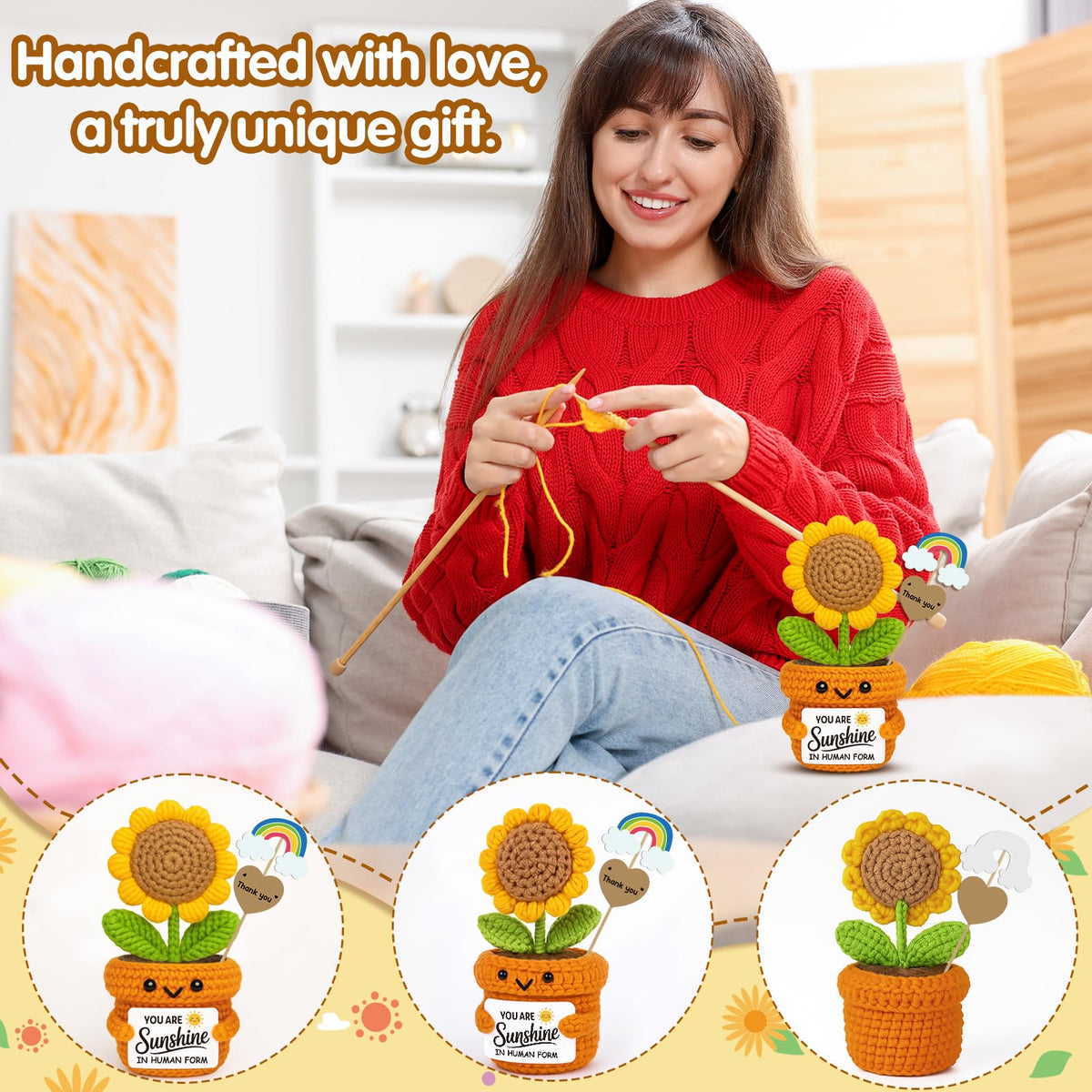 Frabaca Positive Mini Crochet Sunflower Christmas Desk Decor – You are Sunshine – Appreciation Gift for Coworker, Teacher, Friend, Employee – Encouragement Plush for Office, Birthday, Thanksgiving