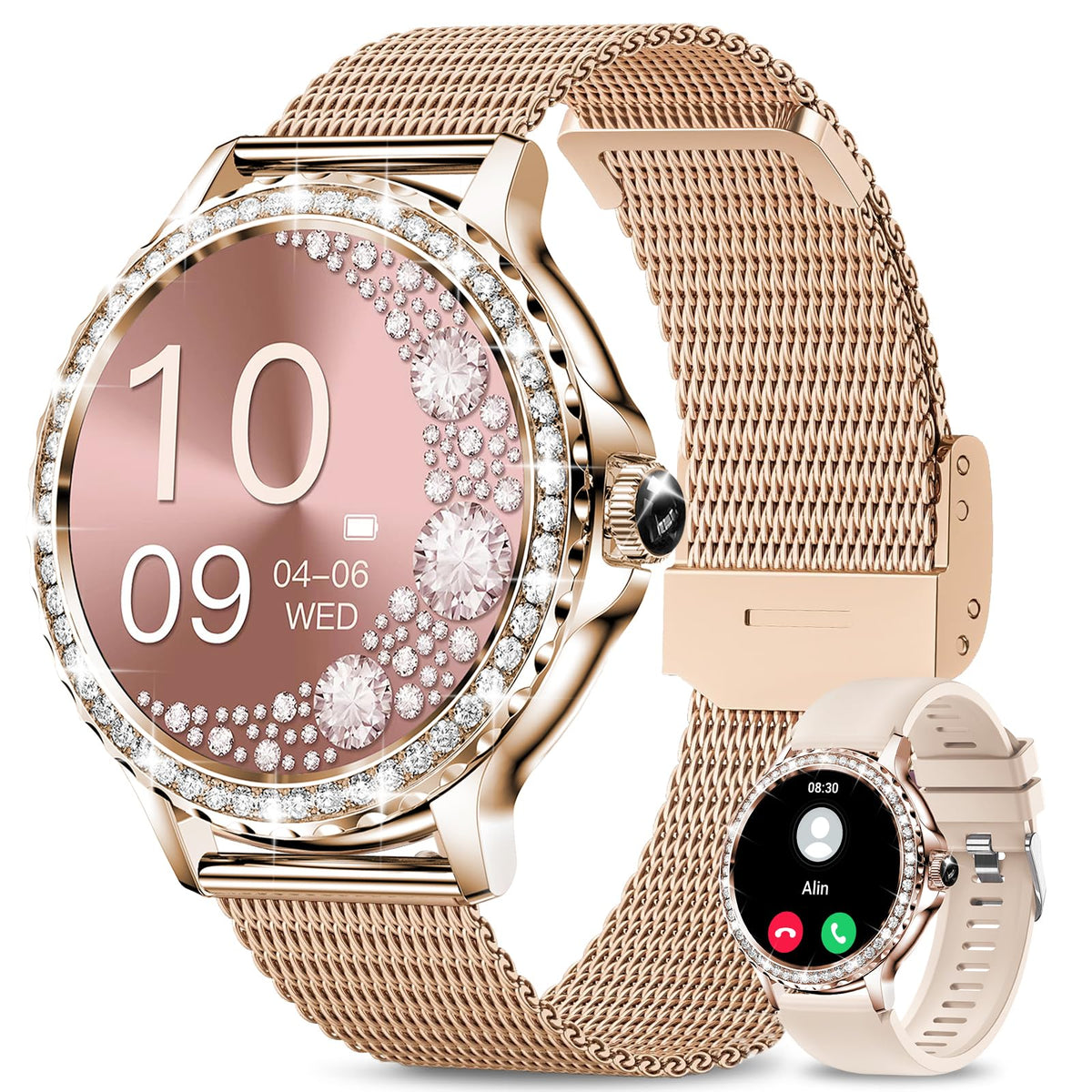 Smart Watches for Women (Answer/Make Call) with Diamonds, 1.3”HD Screen Bluetooth Smartwatch for Android iOS Phones, IP68 Waterproof Fitness Activity Trackers with Heart Rate/SpO2/BP/Sleep Monitor