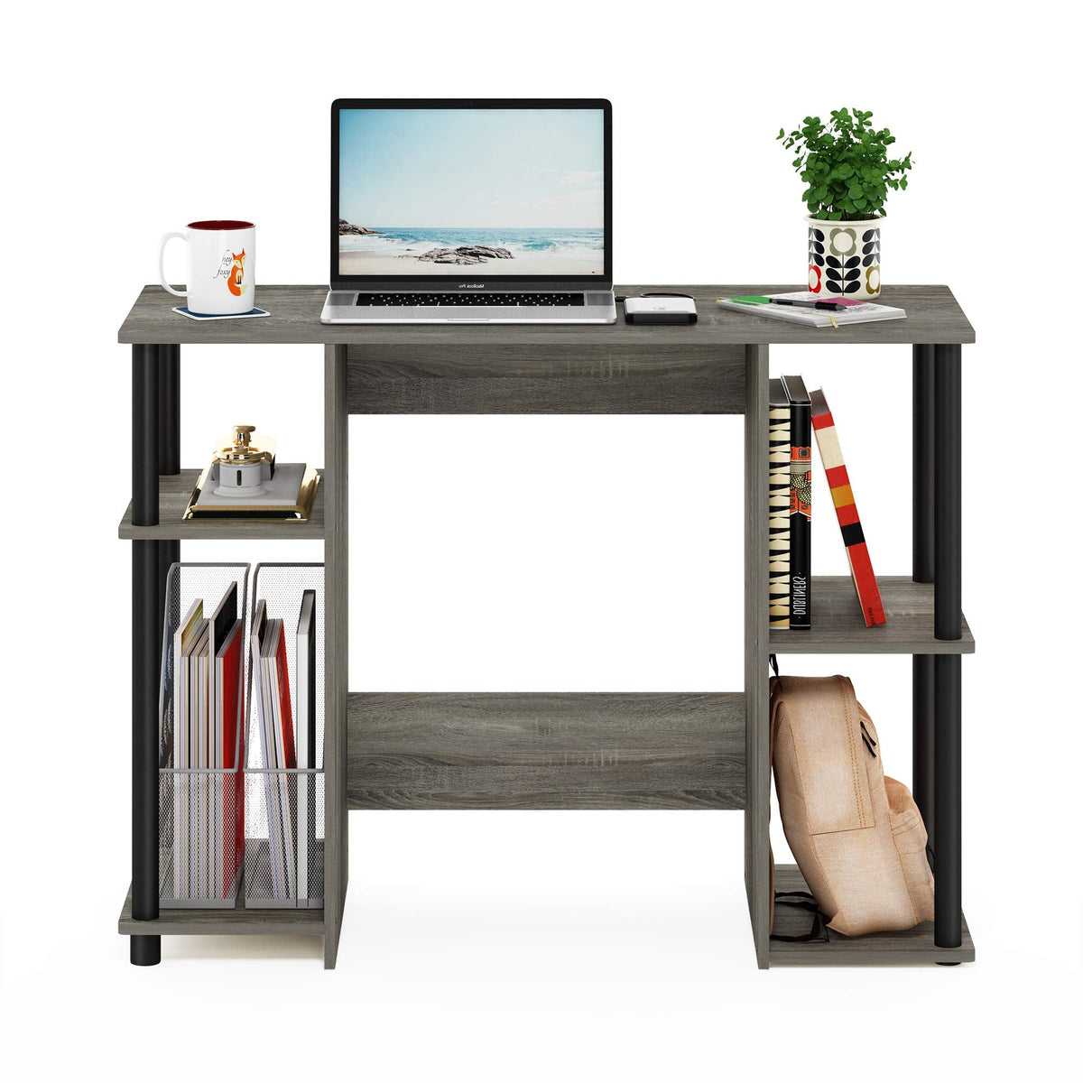 Furinno Jaya Computer Study Desk With Open Storage, French Oak Grey/Black