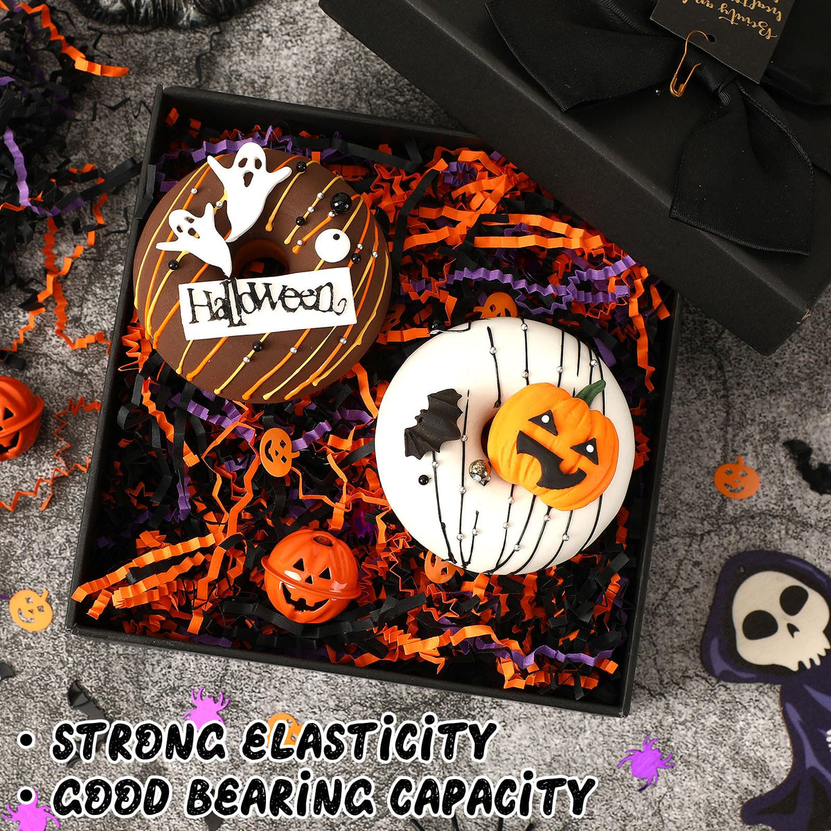 Jansun Halloween Black Orange Purple Crinkle Cut Paper and Confetti, 453g/16oz Shred Filler with Pumpkin Spider Bat Confetti for Gift Wrapping Craft DIY Basket Filling Trick or Treat Candy Decorations