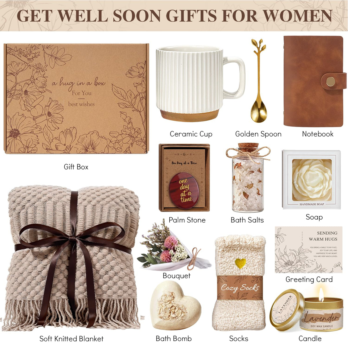 Get Well Soon Gift Baskets for Women Self Care Gifts, Spa Care Package After Surgery Inspirational Thinking of You Sympathy Gifts for Loss of Loved One, Mothers Day Birthday Gift for Her Friend