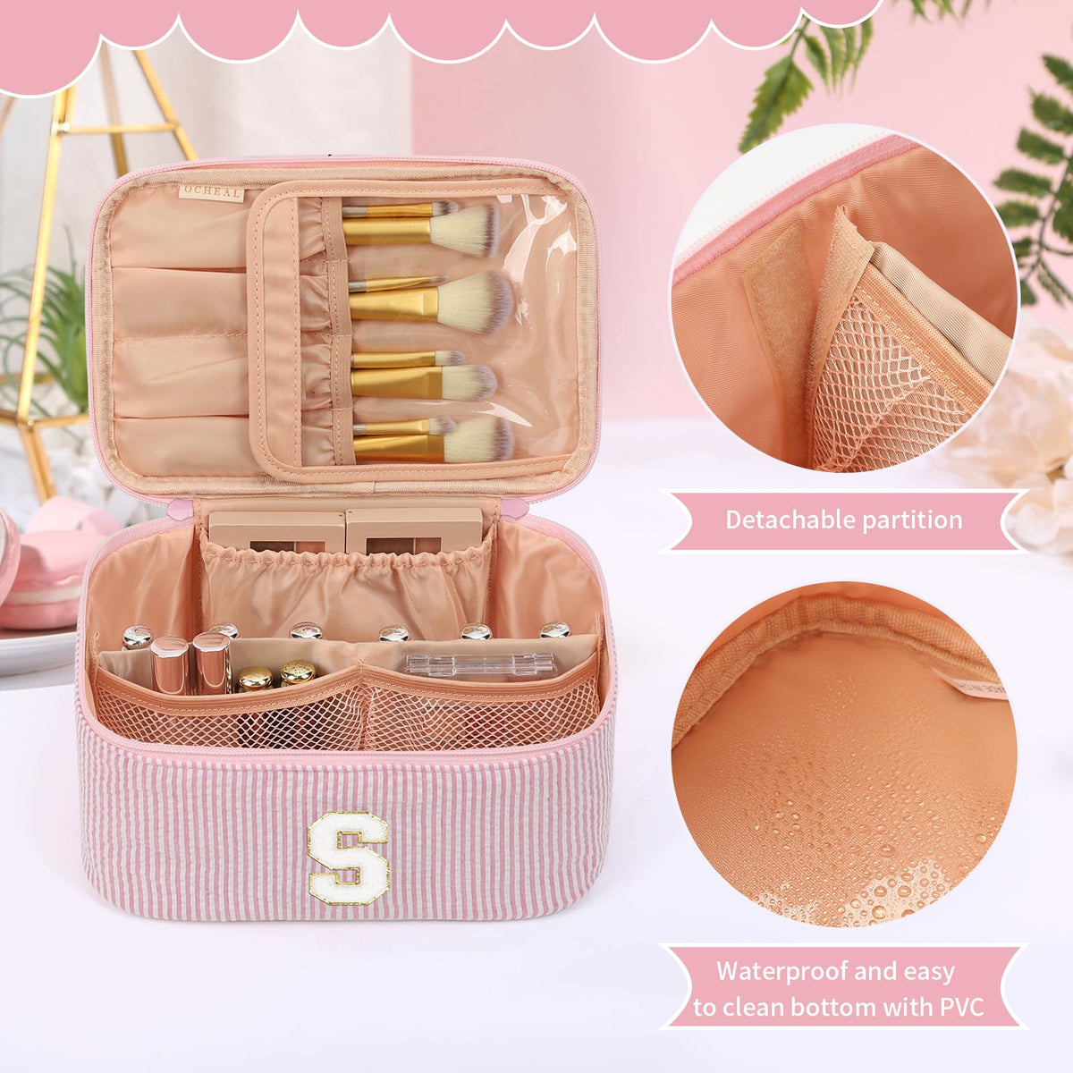 OCHEAL Makeup Bag for Women, Monogram Cosmetic Bag Pink Travel Makeup Case Beauty Toiletry Bag Organizer Personalized Gifts for Girls Bridesmaid, Sister, Wife, Friends Initial S