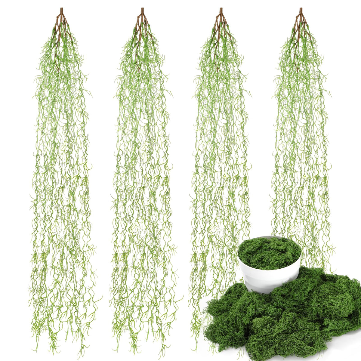 Acellegic 4 Pcs 33 Inch Fake Spanish Moss with 7 oz Artificial Green Moss for Potted Plants Indoor Hanging Garland Greenery Faux Vines Plants Faux Seaweed Greenery for Crafts DIY Garden Home Decor
