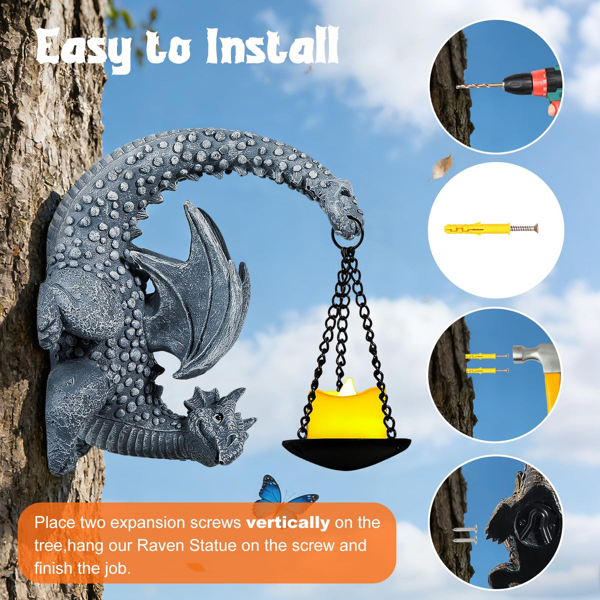 Dragon Wall Decor Outdoor Gothic Candle Holder Sculpture for Garden Patio Yard with Fantasy Dragon Statue Unique Dragon Gifts for Women Men Lovers Grey Stone