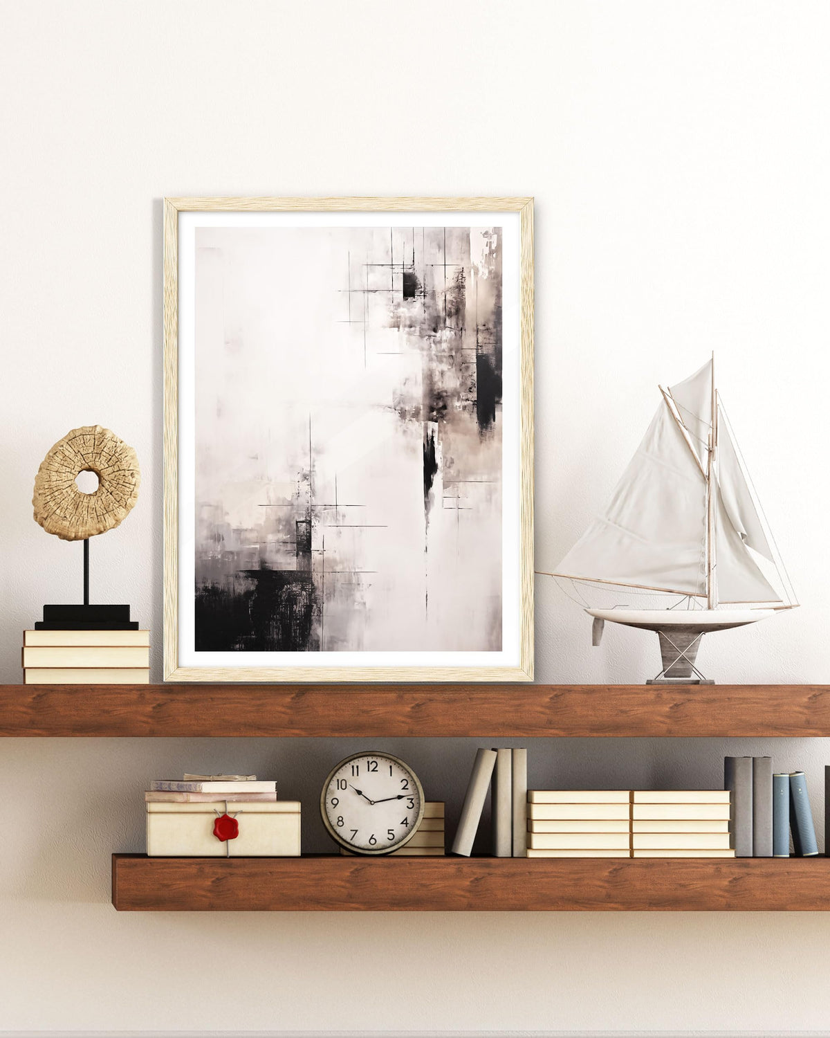 EcoHest Framed Wall Art Wabi-Sabi Japandi Style in Neutral Beige Tones, 12x16 in OAK Wood Minimalist Canvas Wall Art, Modern Simple Contemporary Bedroom Decor,Japandi Art Set of 1 for Living Room