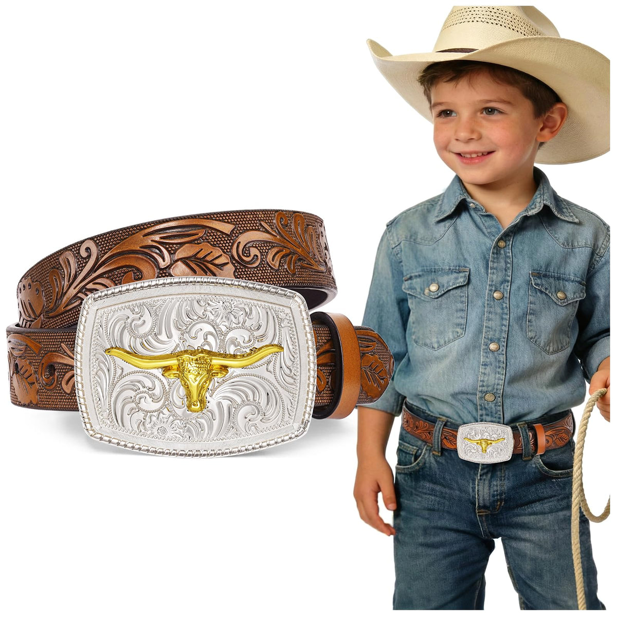 JKEEMI Kids Western Belt, Boys Girls Cowboy Belt for Kids with Detachable Square Buckle and Genuine Leather for Jeans Gifts