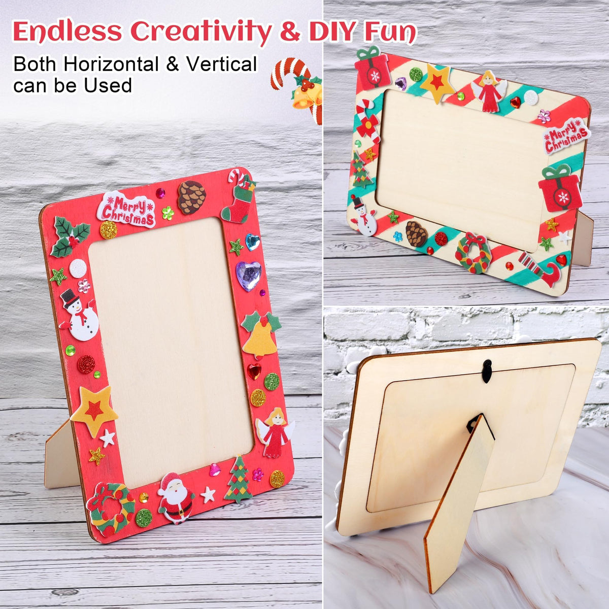Fovths 12 Packs Christmas Picture Frame Painting Craft Kit Frozen Wooden DIY Photo Frame for 4 x 6 inch Photo with 100 Stickers Rhinestone Stickers 4 Brushes Set for DIY Paint and Decorate