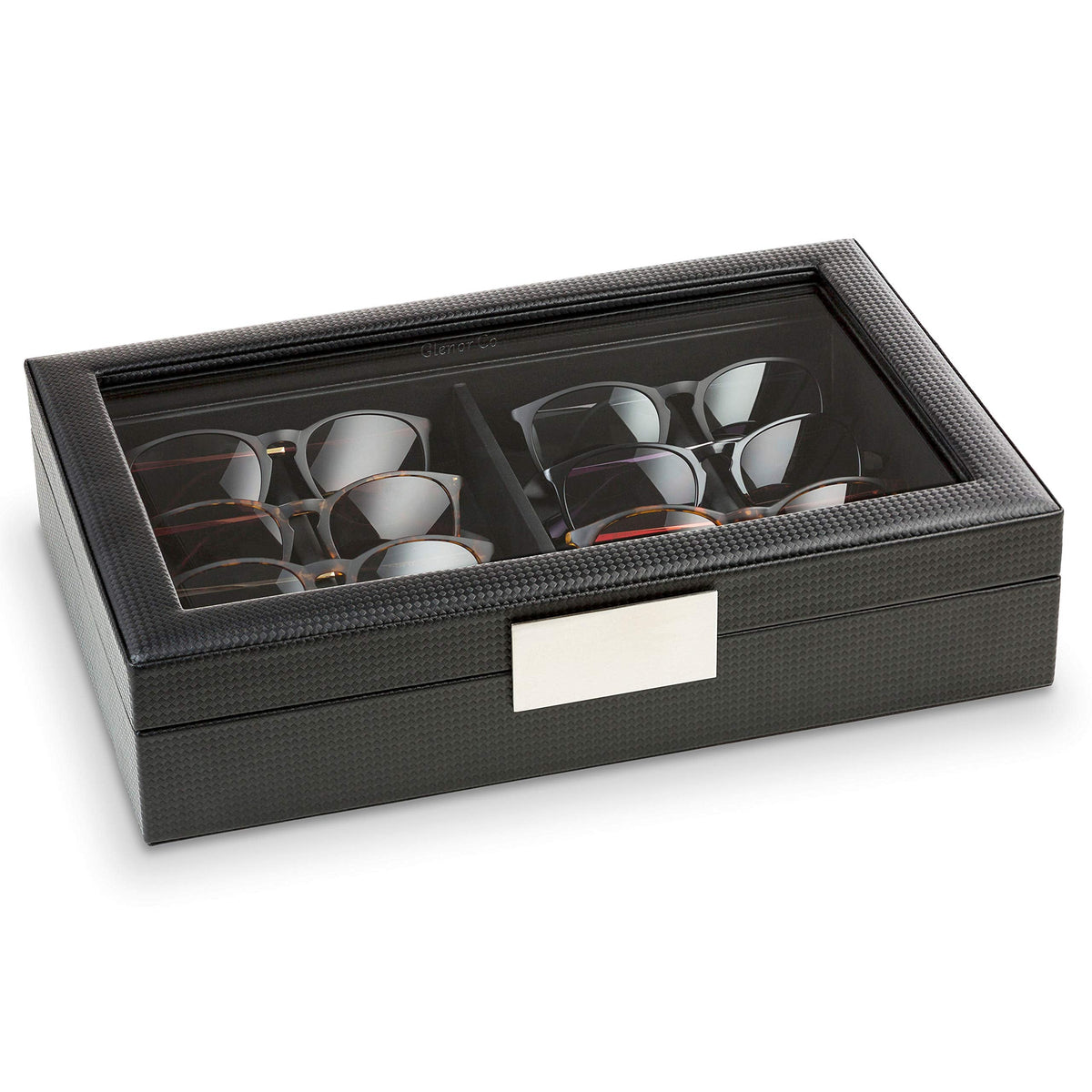 Glenor Co Sunglasses Organizer Case - 8 Slot Storage Holder to display Sunglass/Eye Glasses - Modern Box with Clear Glass Top and Metal Buckle for Men and Women - Carbon Fiber Leather Design - Black