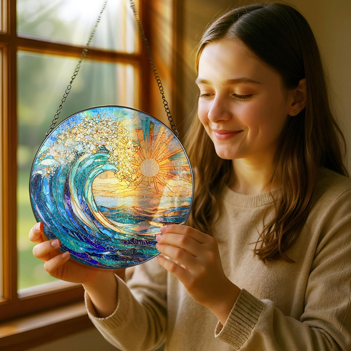 Sea Wave Stained Glass Suncatcher, 8 Inch Ocean Suncatchers for Window Hanging, Beach Lover Gifts, Beach Decor, Coastal Suncatcher, Gifts for Friends, Couples, Family, Colleagues