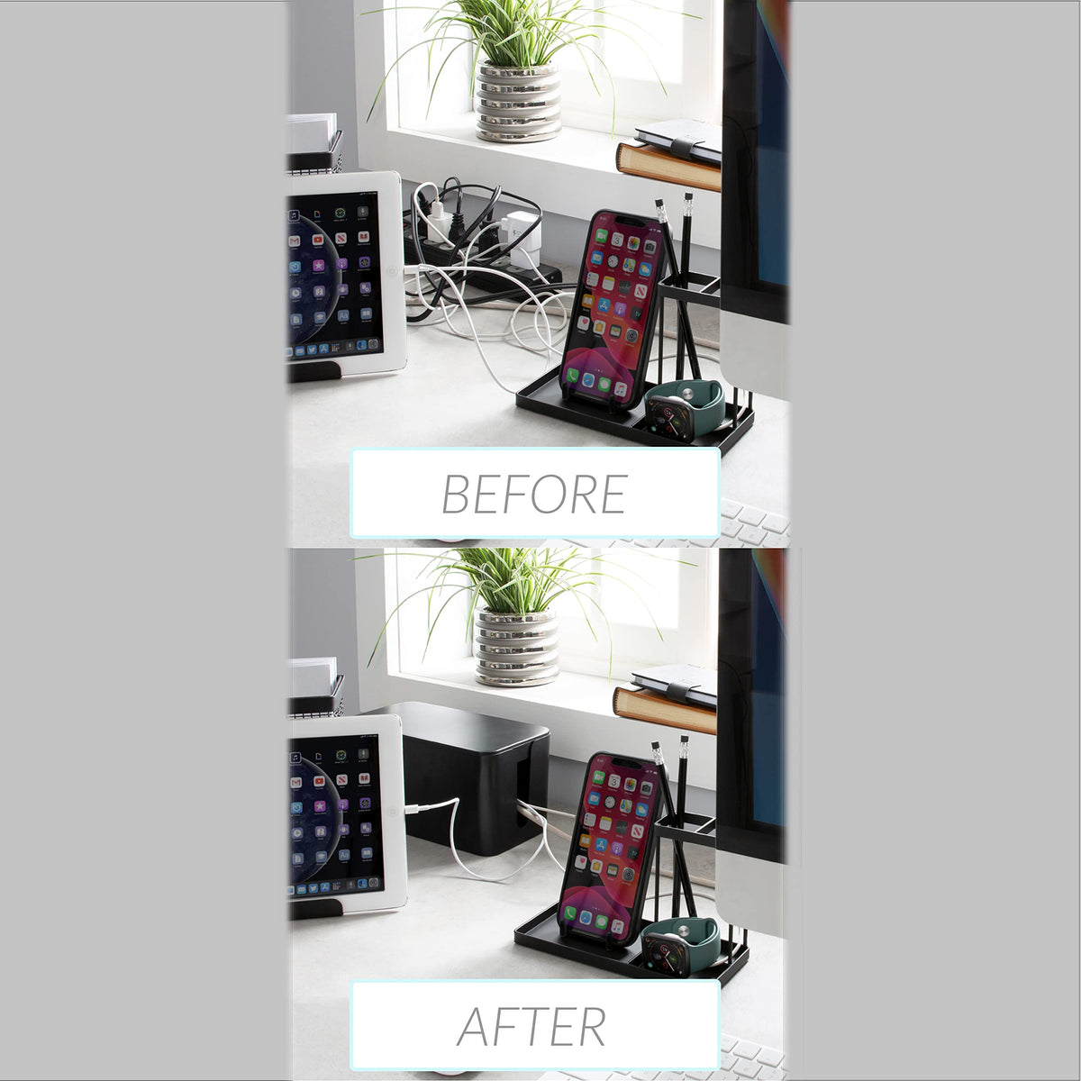 Simplify 2 Pack Cable Organizer Box | Multi-sized | Hidden Storage with Lid | Chargers & Wires | Computer & TV Cords | Black