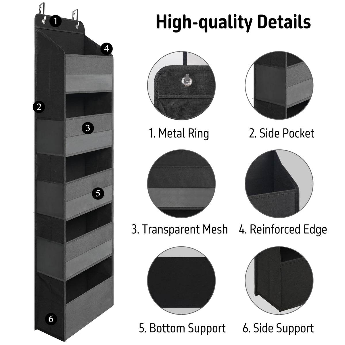 TYMENSH Over Door Organizer with 5 Large Pockets, Heavy Duty Hanging Organizer Storage, Closet Bathroom Nursery Bedroom Dorm, Toys Cosmetics Sundries and Baby Essentials, Black