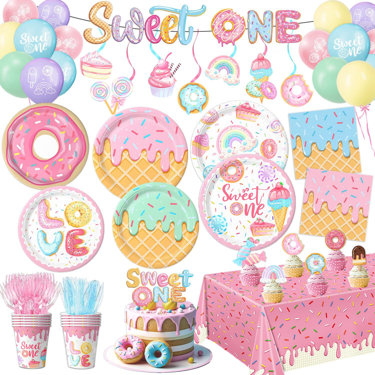Sweet One Birthday Party Decorations Includes Plates, Napkins, Cups, Cutlery, Cake & Cupcake Toppers, Banner, Hanging Swirls, Tablecloth, Balloons for Girl Donut First Birthday Decorations, Serve 24
