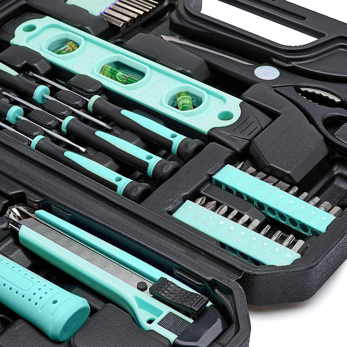 Amazon Basics 142-Piece Household Tool Kit for Home Repair, Hand Tools with Storage Case, 13.39 x 9.25 x 2.95 inch, Turquoise