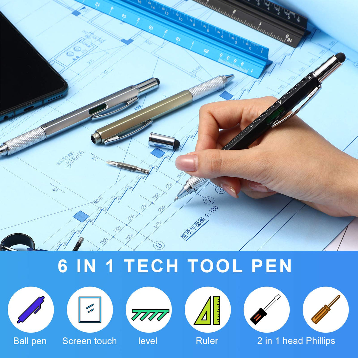 Honoson 30 Pcs Tool Pen for Men Gift 6-in-1 Multitool Tech Tool Pen with Ruler, Level Gauge, Ballpoint, Stylus, Screwdriver and Slotted Screwdriver Multifunction Gift for Him Dad Father Day