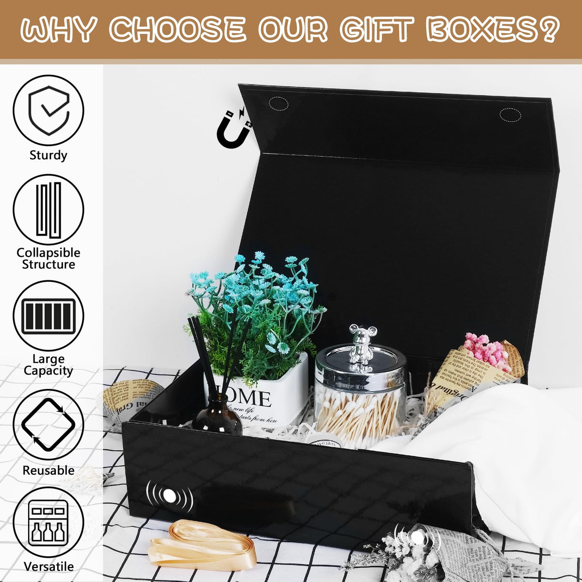RayofSun Black Gift Boxes with Lids for Presents Large Rectangle Collapsible Decorative Boxes13.7x9x4.3 inch,Bridesmaid Groomsmen Proposal Boxfor Wedding,Christmas,Birthday(5PCS)