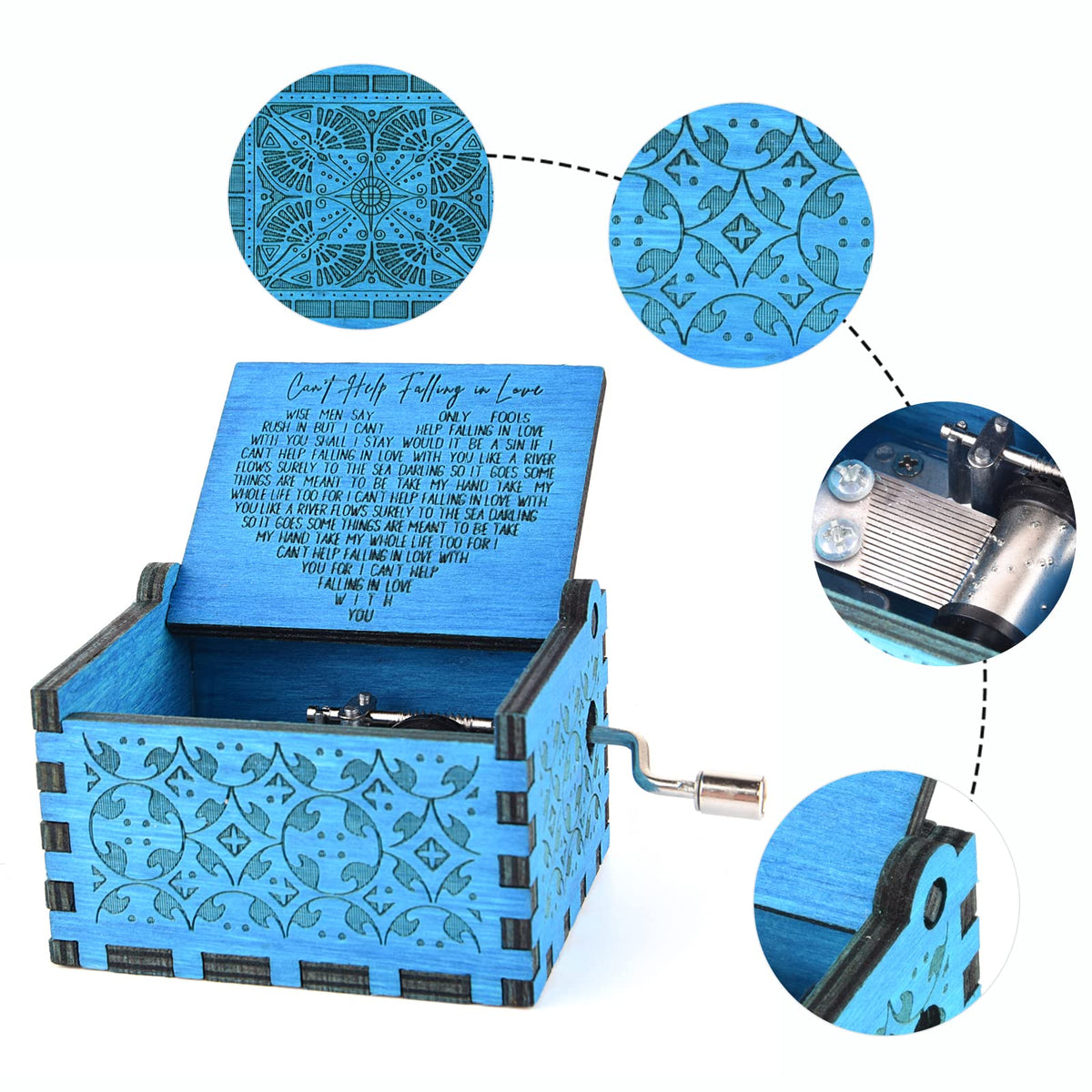 byykit Can't Help Falling in Love Wood Music Box,Antique Engraved Musical Boxes Case for Love One Wooden Music Box - Gifts for Lover,Boyfriend, Girlfriend,Husband,Wife (Blue)