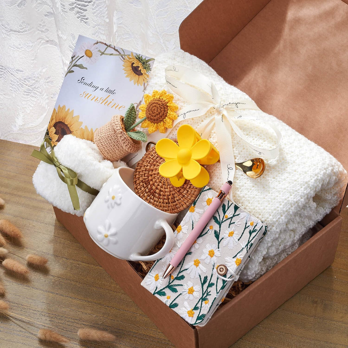 GivLovely Thinking of You Gifts for Women & Cozy Self Care Gift Box | Get Well, Birthday | Sunflower Themed Care Package | A Sending Sunshine Hug in a Box