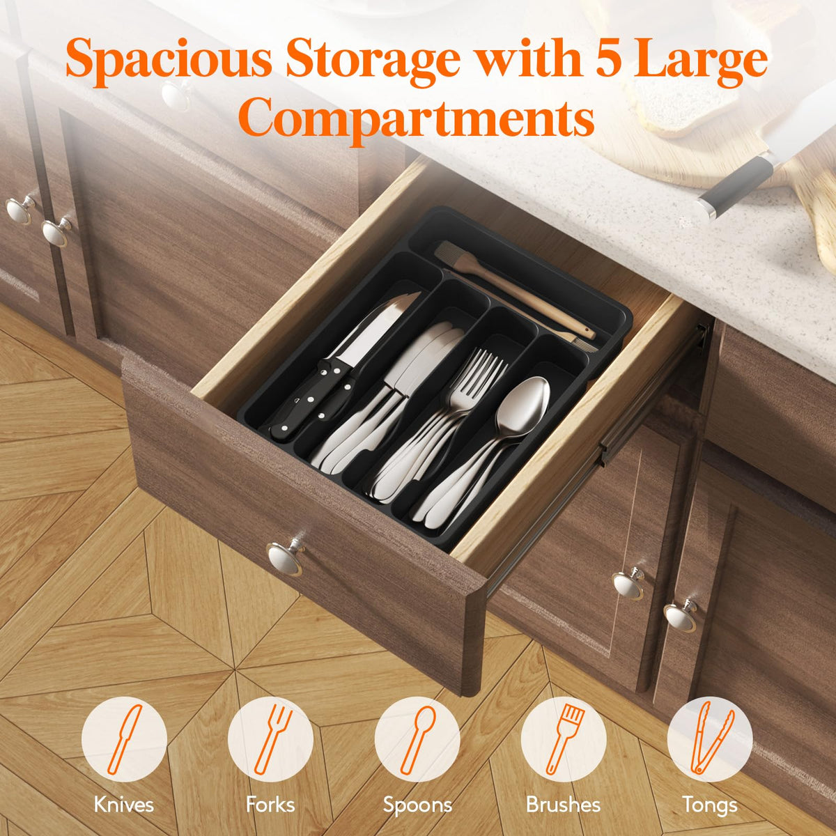 Lifewit Silverware Drawer Organizer Tray, Plastic Cutlery Storage for Kitchen, Flatware and Utensil Holder Divider for Spoons Forks Knives Tableware, 9.1 x 12.6", 5 Slots, Black