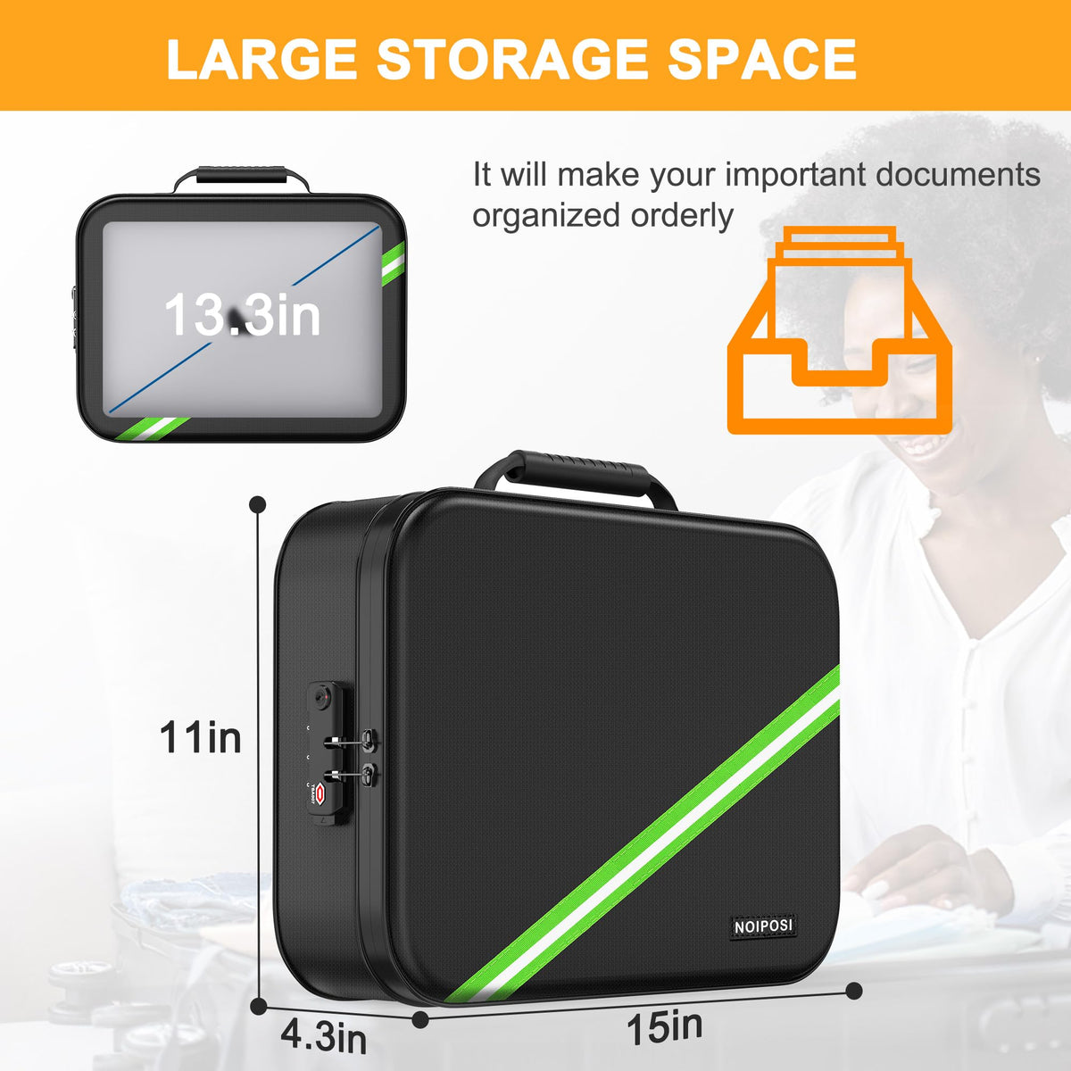Noiposi Document Organizer with 5200℉ Heat Insulated,15.0"x11.0"x4.3" Water Resistant and Fireproof Document Box,Portable Home Travel Safe Storage Box for Important Documents,File