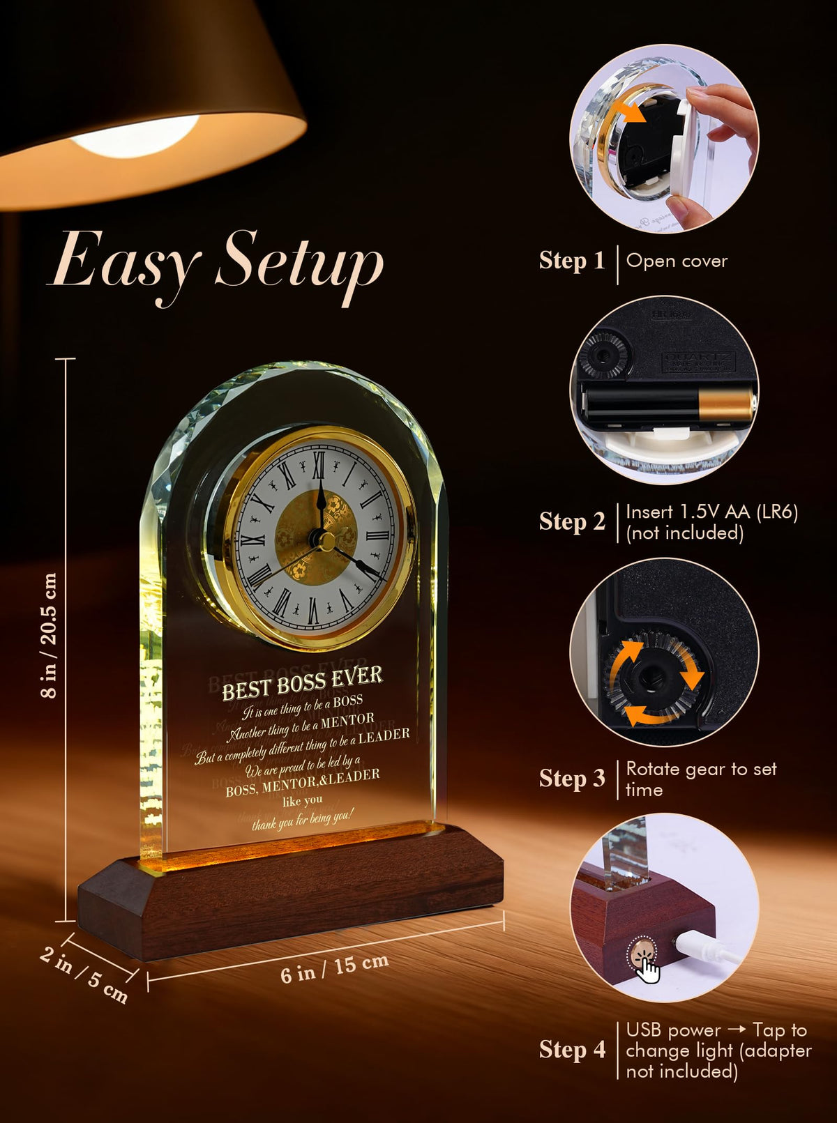 Best Boss Ever Gifts for Men & Women — Glass Desk Clock with Wooden Light Base | Boss Appreciation & Retirement Farewell for Male/Female Boss, Boss’s Day Idea, Office & Home Decor, Card & Gift Box