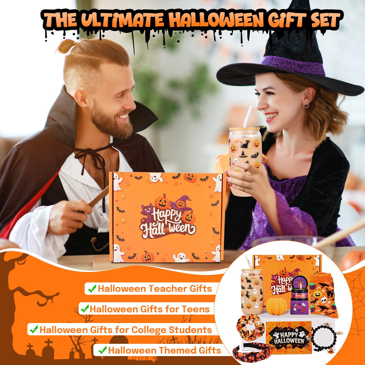 Munutix Boo Basket Stuffers for Women - 8pcs Halloween Gifts Basket for Teens Girls with 17oz Glass Cups & Spa Gifts - Boo Basket for Family, Friends, Her, Mom, Sister, Wife