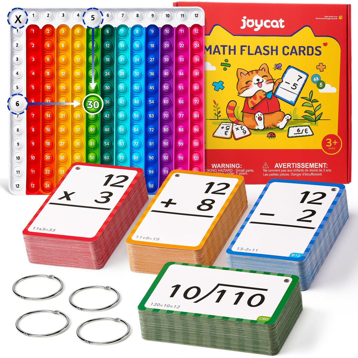 JoyCat Math Flash Cards and Chart for Kids Ages 4-8, 288 Double-Sided Flash Cards for Addition, Subtraction, Multiplication & Division, Interactive Math Learning Tool for Homeschool and Classroom