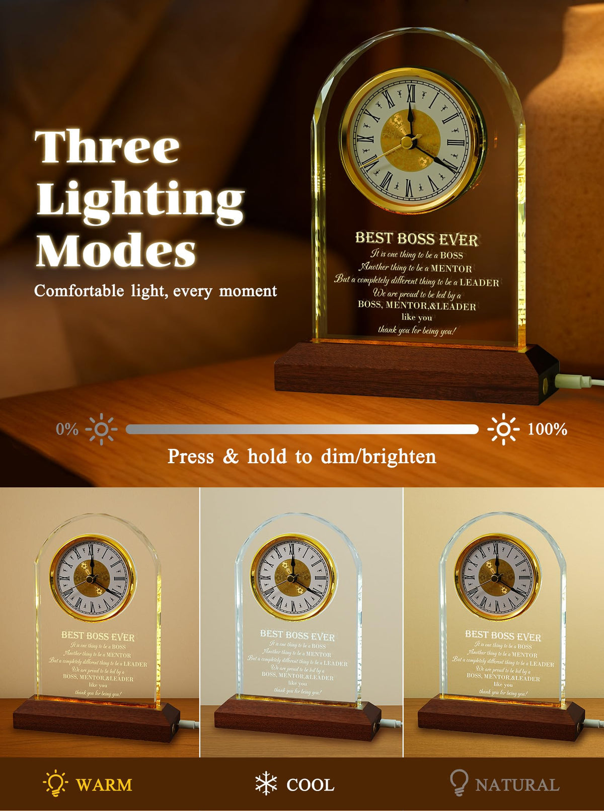 Best Boss Ever Gifts for Men & Women — Glass Desk Clock with Wooden Light Base | Boss Appreciation & Retirement Farewell for Male/Female Boss, Boss’s Day Idea, Office & Home Decor, Card & Gift Box