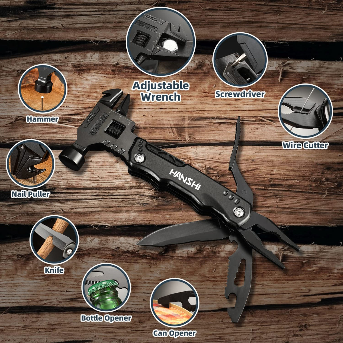 HANSHI Adjustable Wrench Multitool Hammer for Survival,16 in 1 Multitools Pliers with Nylon Sheath,Pocket Knife Multi Screwdriver Tool All in One Camping Accessories for Stocking Stuffers for Men