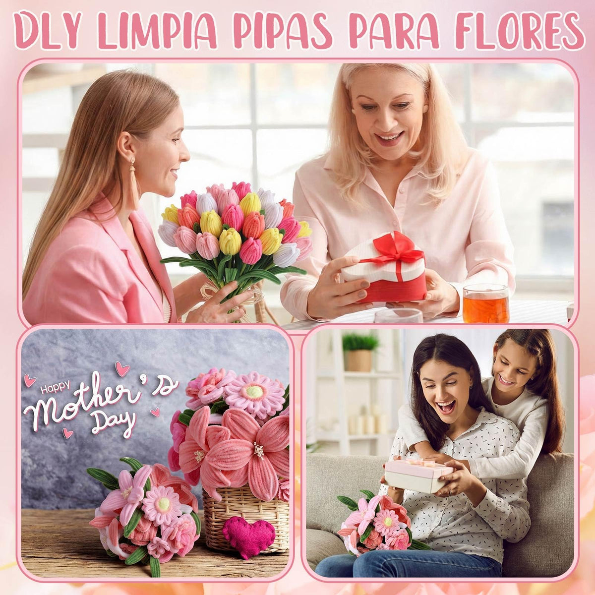 Teyva Daily 1200 Pcs Pink Pipe Cleaners Craft Flower Pipe Cleaner Bulk Flower Kit 6 Color Chenille Stems Floral Making Kit with Floral Wires Gardening Tape Stamen Ribbon for Art and Craft Supplies