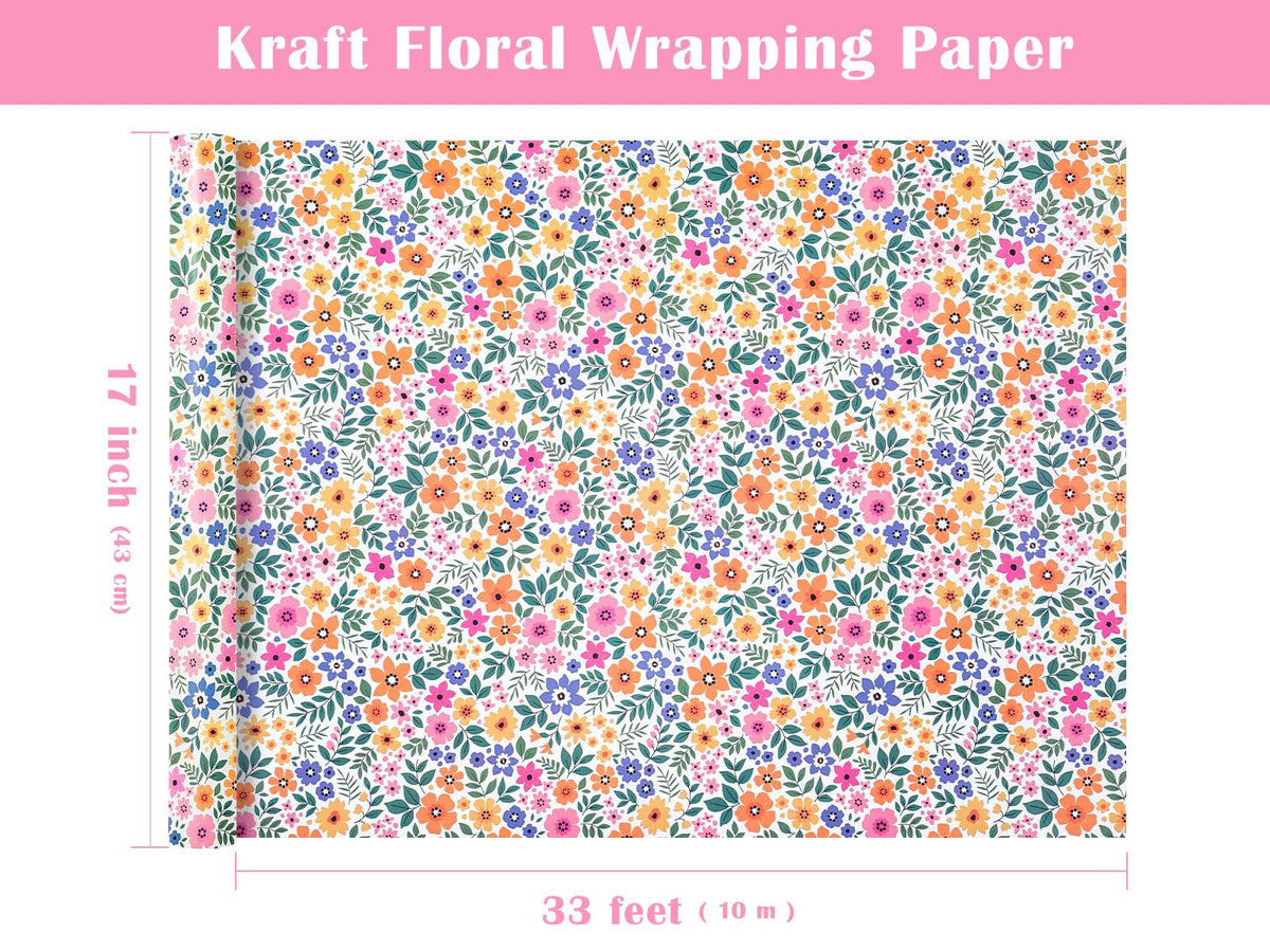 WRAPAHOLIC Kraft Floral Wrapping Paper Roll - Mini Roll - 17 Inch x 33 Feet - Ditsy Flower Wrapping Paper, Perfect for Wedding, Birthday, Bridal Shower, Tea Party
