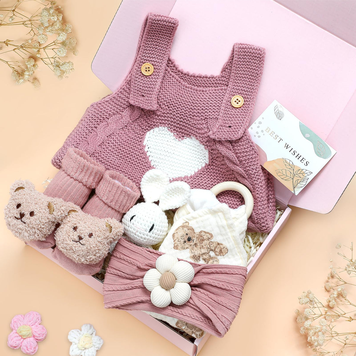 Gift Set for Newborn Shower Gifts Basket Pink New Born Essentials with Knitted Sweater Infant Rattle Socks Bear Blanket Flower Headband Greeting Box for Babies Gender Reveal Party