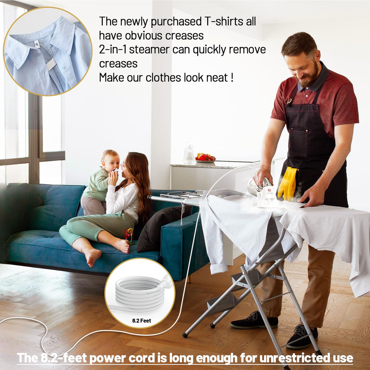 Steamer ＆ Iron 2 in 1 for Clothes, Ceramic Panel, Intelligent Chip Controls Soft Steam (Tilting Not Spray Water), 250ml Water Tank, 8.2FT Power Cord,1000W Portable Handheld Steam Iron (white)
