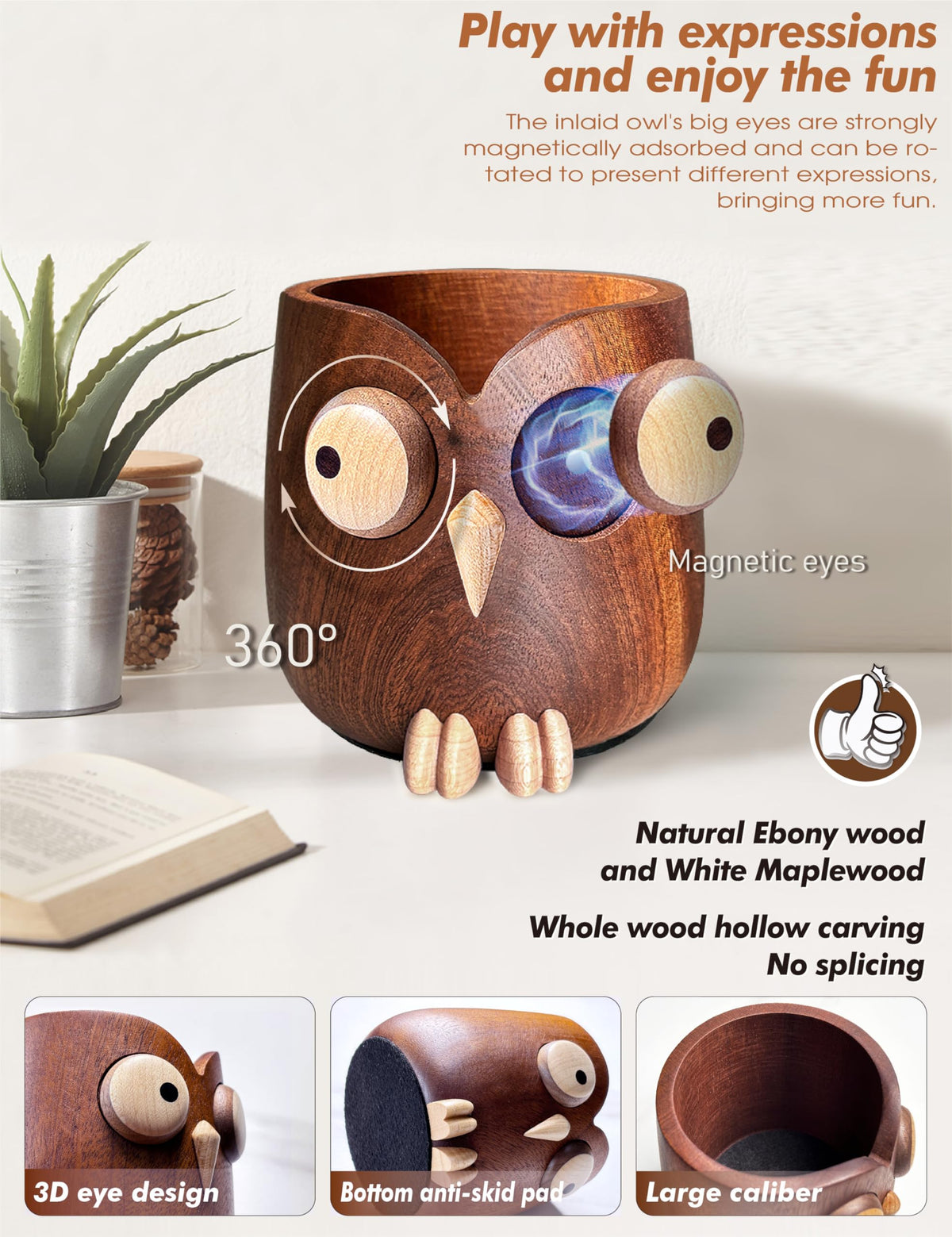WODTILIFE Cute Owl Pen Holder for desk, funny wooden pencil holder with Magnetic Rotating Eyes emoji, Ebony solid wood hollow design, for Office accessories School Home and Holiday Gifts.(Brown)