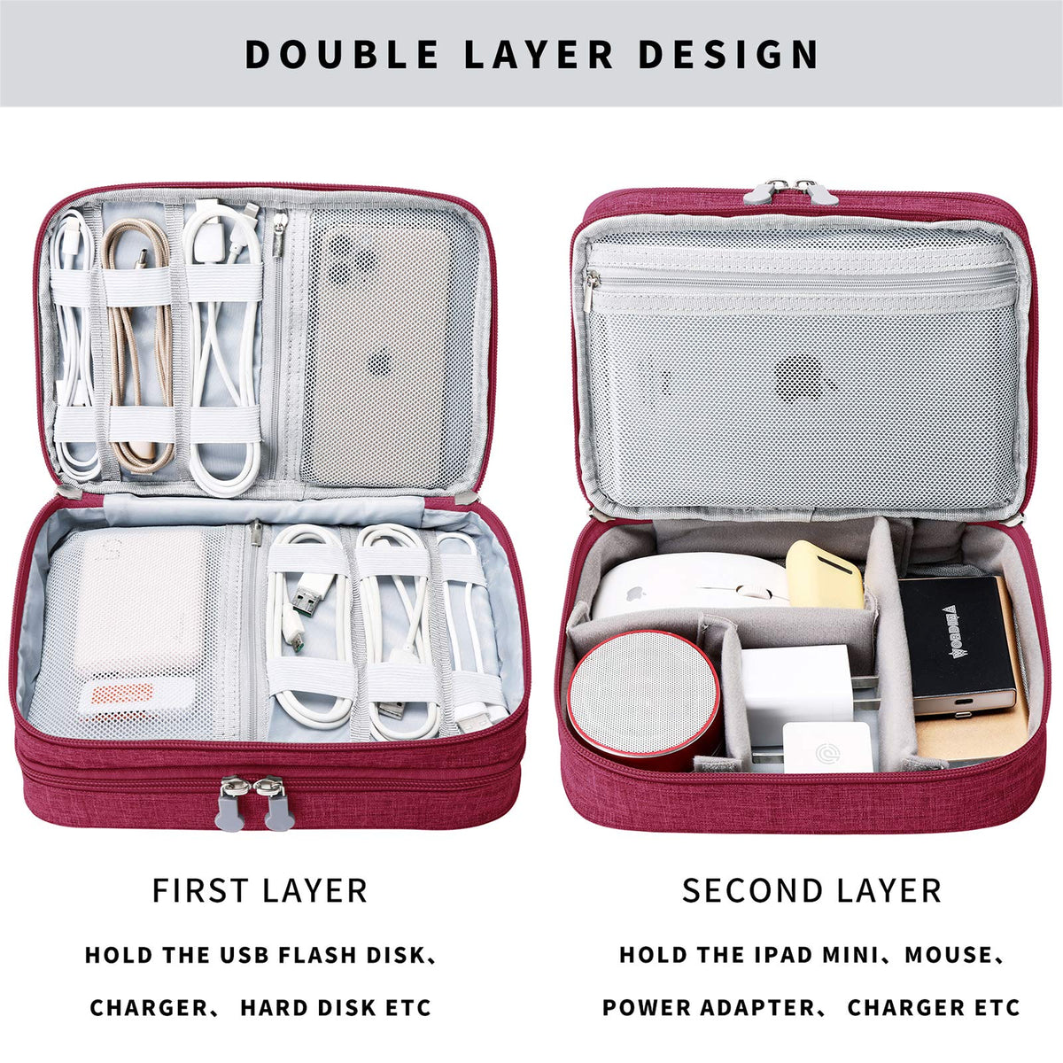 mygreen Travel Cable Organizer Bag, Two-Layer Electronics Accessories Organizer Bag for Cables, Chargers, Power Bank, Mouse,iPad, Phone, Kindle, SD Card, Wires, Cords, and Accessories Red