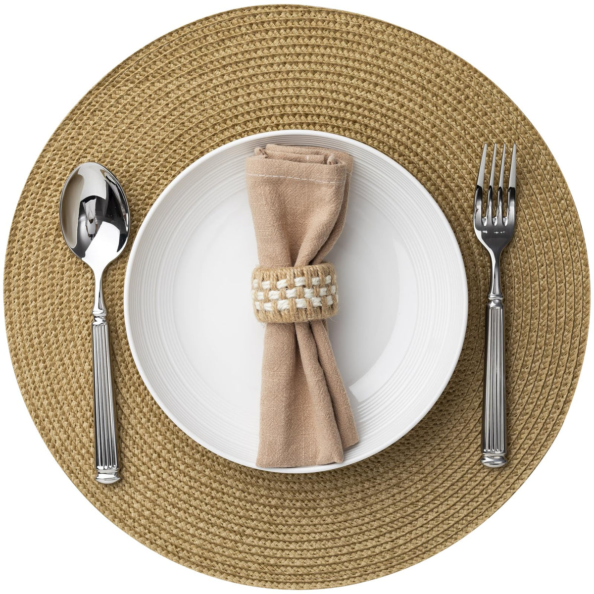 Baroyal Round Placemats Set of 8 Plastic Woven Placemats Washable Wipeable Table Mats for Dining Table Heat Resistant Non-Slip Circle Place Mats (Tan)