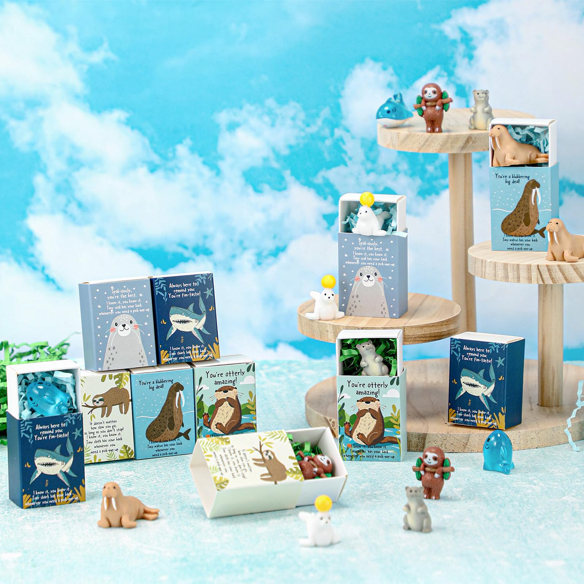 Cinnvoice 50 Set Bulk Gifts for Mothers Day Teacher Appreciation Gifts Nurse Week Employee Coworker Graduation Emotional Support Cute Resin Mini Ornaments Desk Pets Thank You Card Box (Sloth)